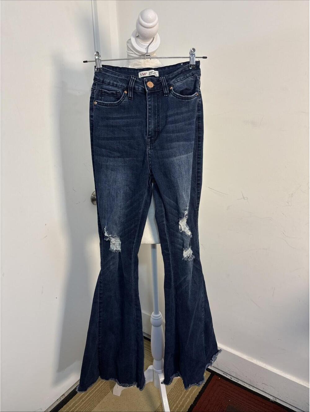 YMI Jeans Juniors 5/27 High Rise Flare Raw Hem Dark Blue Whiskered Stretch Denim
